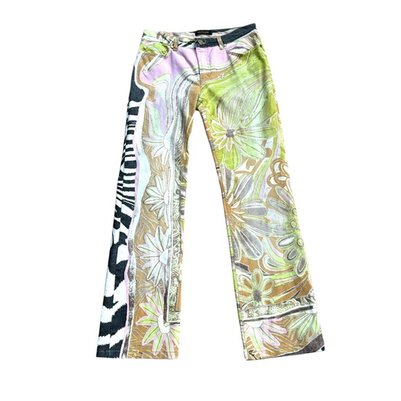 ROBERTO CAVALLI pink, apple green, tan, blk and cream vintage jeans, size L - Picture 2 of 12